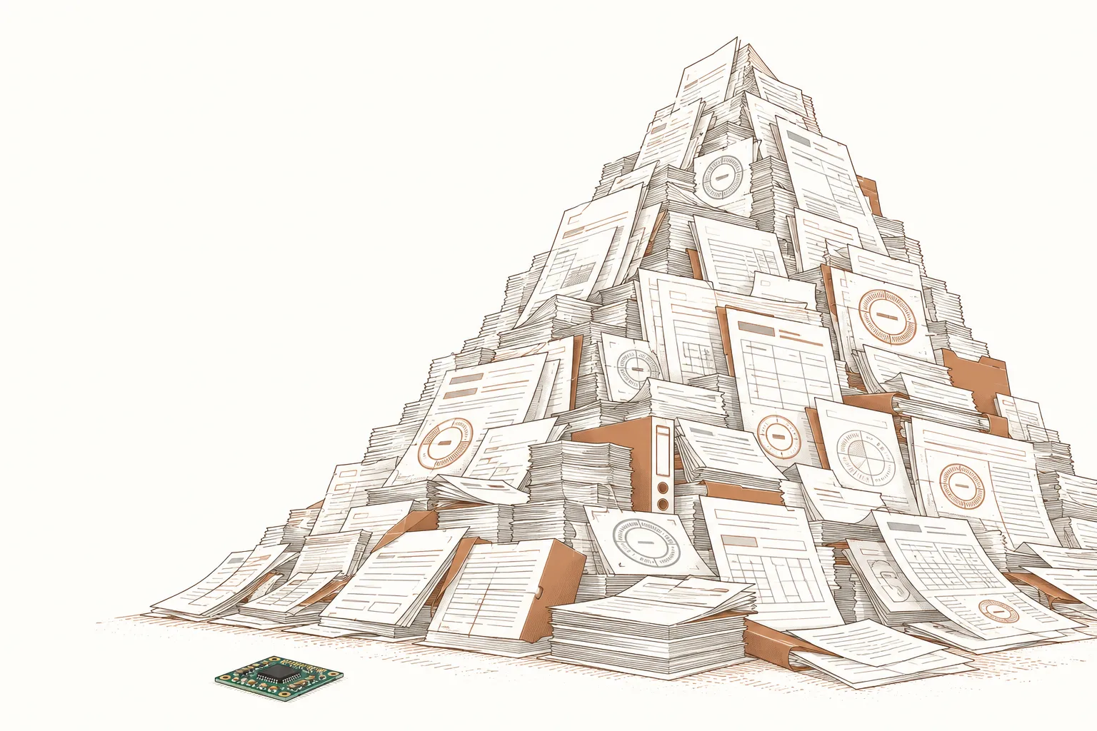 Datasheet-style illustration: a small bare circuit board at the foot of a mountain of stacked documents